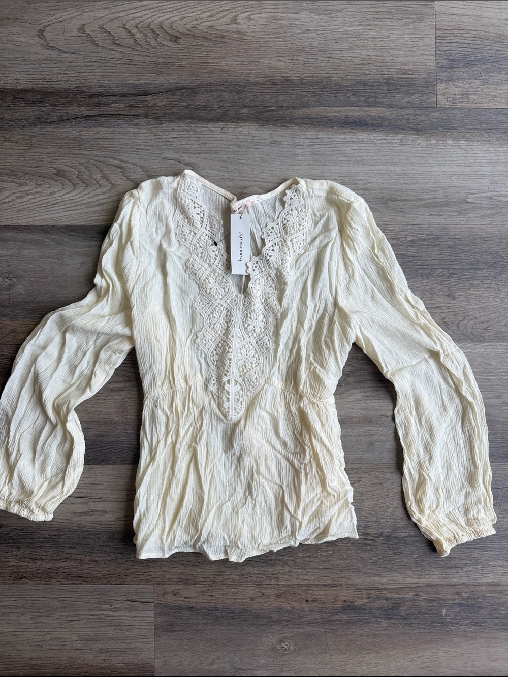 Francesca's Cream Lace-Trim Peasant Top